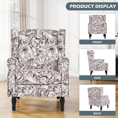 High Back Floral Accent Chairs Set of 2, Fabric Wingback Chair Upholstered Armchair for Living Room - Rococo Plum