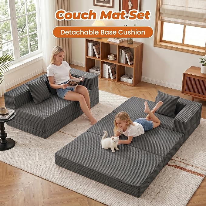 6-in-1 Tri-Folding Mattress | Cloud Boneless L-Shaped Modular Sectional Couches | Corduroy Pet-Friendly Convertible Futon Sofa Bed with 800LB Capacity Apartment, Guest Room, Game Room