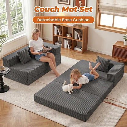 6-in-1 Tri-Folding Mattress | Cloud Boneless L-Shaped Modular Sectional Couches | Corduroy Pet-Friendly Convertible Futon Sofa Bed with 800LB Capacity Apartment, Guest Room, Game Room