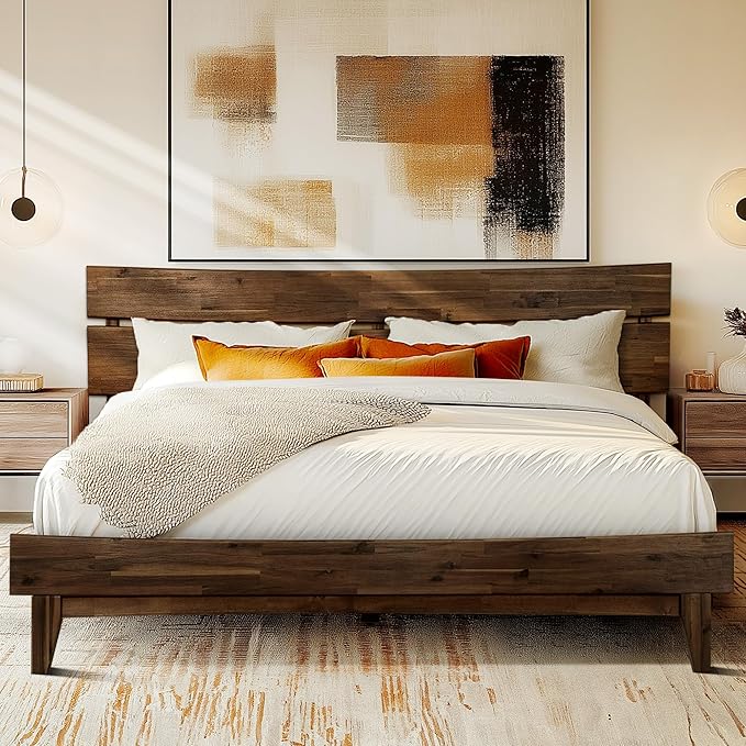 Acacia Aurora Wooden Bed with Headboard, King Size Bed Frame, 800lbs Capacity Wood Bed Compatible with All Mattress Types, Non-Slip & Noise-Free, Wood Slats Support, Easy Assembly, Chocolate.