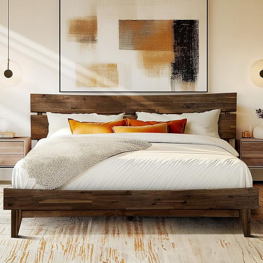 Acacia Aurora Wooden Bed with Headboard, King Size Bed Frame, 800lbs Capacity Wood Bed Compatible with All Mattress Types, Non-Slip & Noise-Free, Wood Slats Support, Easy Assembly, Chocolate.