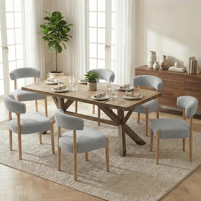 VKNOW Wooden Dining Chairs Set of 2 with Curved Open Back, Gray | Natural Rubberwood Legs, Soft Chenille Fabric, Thickened Cushion, For Adults and Family, Dining Room, Kitchen, No Wobble