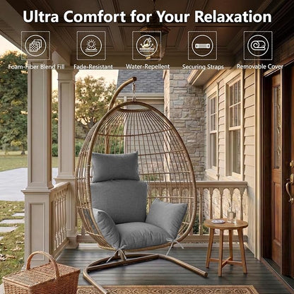 Egg Chair Cushion with 8 Securing Straps, Water-Repellent & Fade-Resistant Faux Linen, Removable Cover, Replacement Cushion for Most Single Outdoor Hanging Swing Egg Chairs – Dark Grey