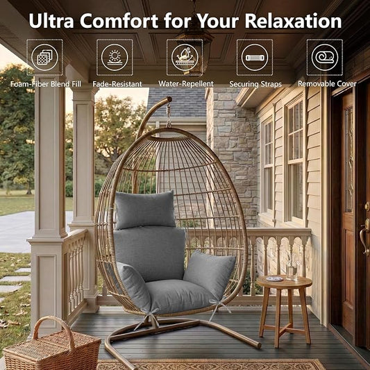 Egg Chair Cushion with 8 Securing Straps, Water-Repellent & Fade-Resistant Faux Linen, Removable Cover, Replacement Cushion for Most Single Outdoor Hanging Swing Egg Chairs – Dark Grey