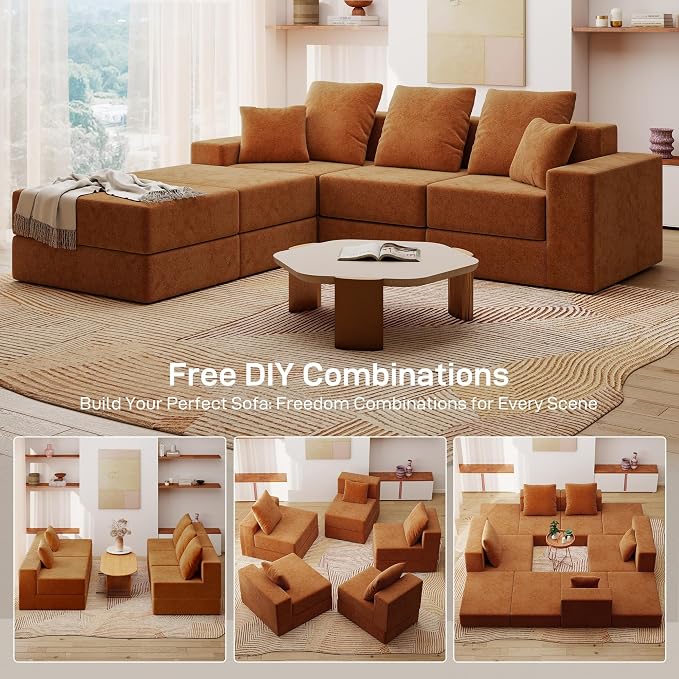 Living&Giving 101" U-Shaped Cloud Sectional Couch for Living Room, Cloud Boneless Couch-No Assembly with Reversible Chaise, Customizable 3-Seat Modular Sectional Sofa with 2 Ottoman, Orange