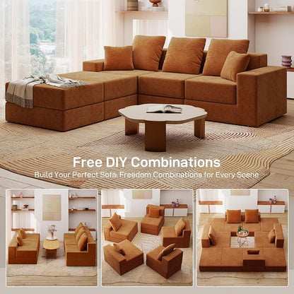 Living&Giving 101" U-Shaped Cloud Sectional Couch for Living Room, Cloud Boneless Couch-No Assembly with Reversible Chaise, Customizable 3-Seat Modular Sectional Sofa with 2 Ottoman, Orange