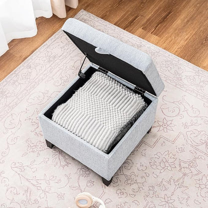 Adeco 18-inch Linen Storage Ottoman for Living Room & Bedroom, Upholstered Footrest Stool and Extra Seat with Safety Hinge Lid, Solid Wood Legs, Ice Grey