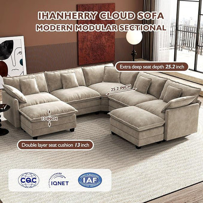 Ihanherry 114" V-Shaped Modern Sofa Modular Sectional Luxurious and Comfortable with 2 Ottoman, 7-Seat Chenille Deep Seat Sofa with Corner Section for Living Room, Bedroom and Apartment, Sand