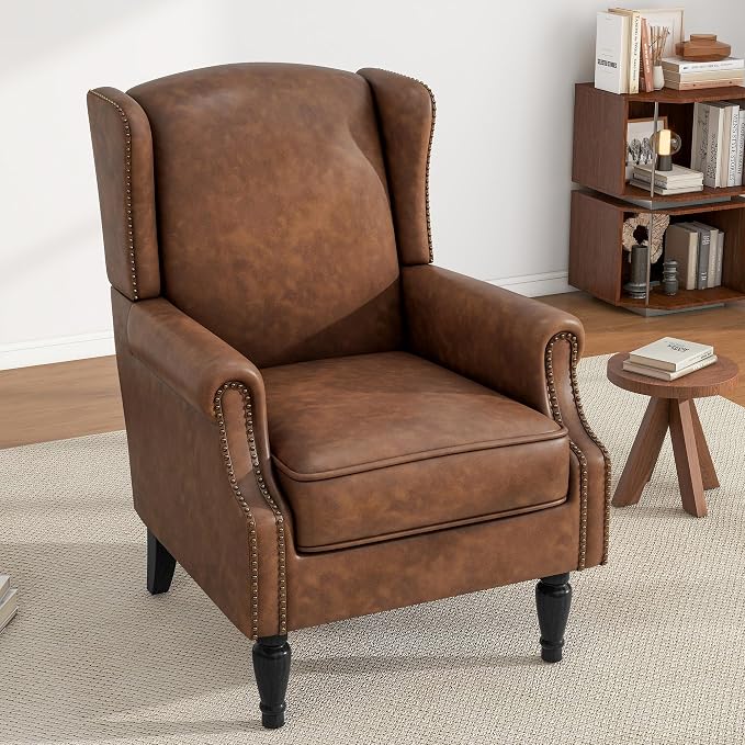 High Back Accent Chairs Set of 2, Faux Leather Upholstered Armchair Wingback Chair for Living Room, Comfy Single Sofa Solid Wood Legs Bedroom Reading Seat (Brown)