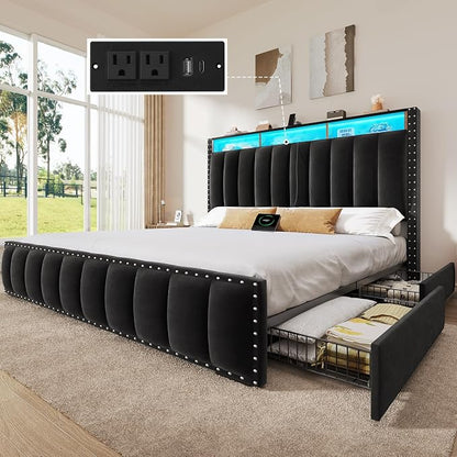YITAHOME Queen Size Bed Frame with 4 Storage Drawers and RGB LED Lights, Velvet Upholstered Platform Bed with Charging Station and Storage Headboard, No Box Spring Needed, Easy Assembly, Black