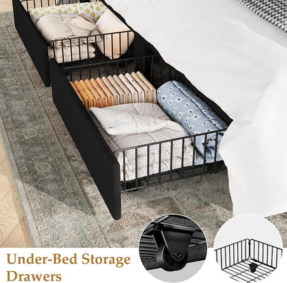 IDEALHOUSE King Bed Frame with Wingback Headboard, Velvet Upholstered Platform Bed with 2 Storage Drawers, Vertical Tufted Headboard Design, Wooden Slats Support, No Box Spring Needed, Black