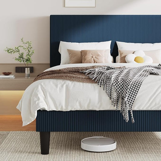Allewie Full Size Upholstered Bed Frame with Vertical Channel Tufted Headboard, Soft Corduroy Fabric Platform Bed, Strong Wooden Slats Support, Easy Assembly, No Box Spring Needed, Dark Blue