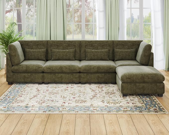 154" Oversized Chenille Couch Modular Sectional Sofa, Washable Cloud Couch Sectional with Ottoman, 5 Seater Sectional Couches for Living Room, Fully Cover Removable, L Shaped, Chenille, Green