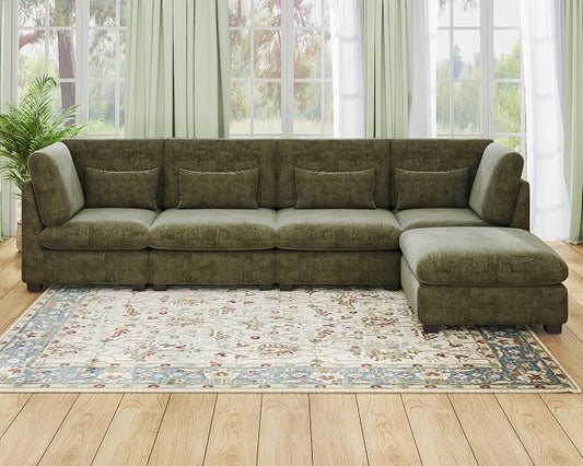 154" Oversized Chenille Couch Modular Sectional Sofa, Washable Cloud Couch Sectional with Ottoman, 5 Seater Sectional Couches for Living Room, Fully Cover Removable, L Shaped, Chenille, Green