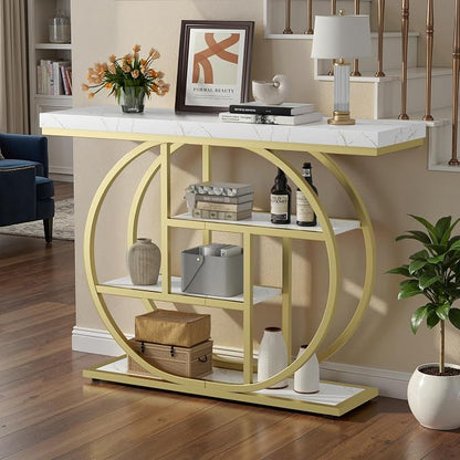 Shintenchi 41.3” Console Table with Storage, Industrial Entryway Table with Marble Top, 4-Tier Shelves Sofa Table Behind Couch, Narrow Accent Table for Living Room, Entryway, Hallway, Foyer,White Gold