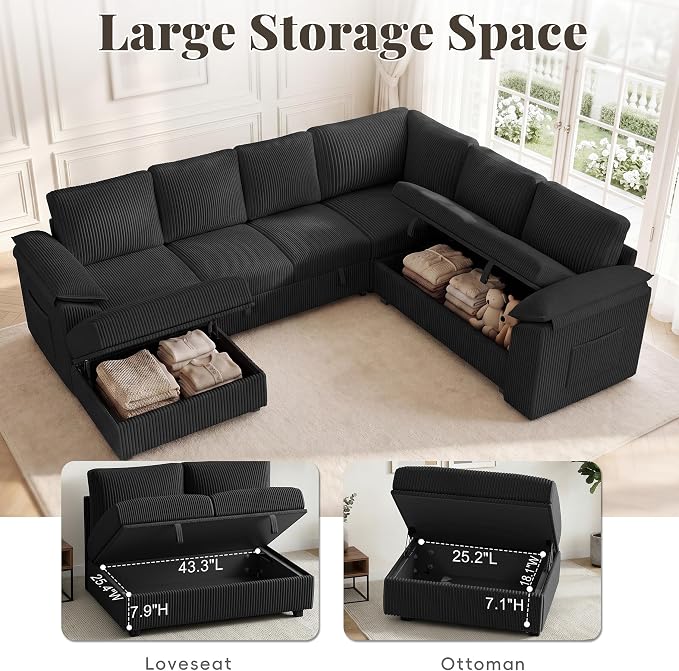 108 Inch Sectional Sleeper Sofa Bed with Pull Out Couch, U Shaped 7 Seat Cloud Modular Sectional Sofa with Storage, Corduroy Sectional Couches for Living Room, Removable Sofa Cover, Black