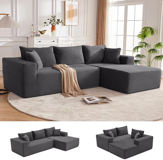Mangodan 110” Cloud Sectional Couch, Boneless Sofa for Living Room, Modular Sectional Sofa with Deep Seat, Fluffy Couch with L-Shaped Chaise, No Assembly Required (Right-Facing Chaise, Dark Grey)