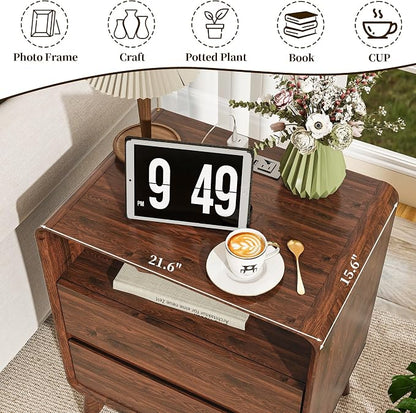 3-Piece Farmhouse Bedroom Storage Set, 9-Drawer Dresser & Nightstands Set of 2 with Charging Station, Handle-Less Design, Rounded Corners, Anti-Tip Safety Furniture, Walnut