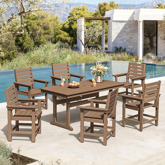 7 Piece Patio Dining Set, 66" Rectangle HDPS Weather Resistant Outdoor Table & 6 Patio Chairs Set with 1.96" Umbrella Hole, Heavy Duty Chairs for Backyard Balcony Deck, Brown