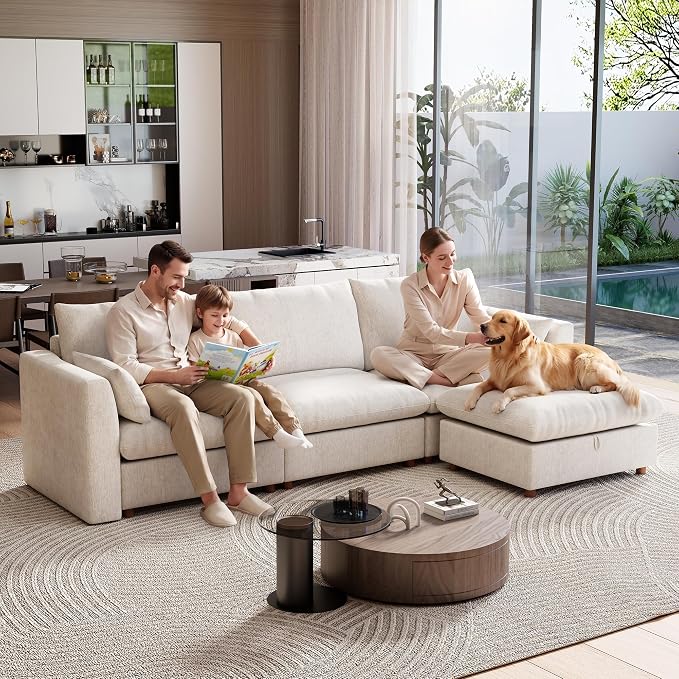 Ihanherry 117" Oversized Modular Sectional Sofa, Modern L Shaped Cloud Couch with Storage Ottoman, 4-Seat Comfy Chenille Deep Seat Sofa with 2 Pillows for Living Room, Beige