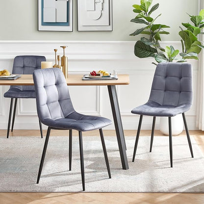 NORDICANA Grey Velvet Dinner Chairs Set of 2, Modern Armless Dining Side Chairs with Metal Legs for Kitchen Living Room Vanity