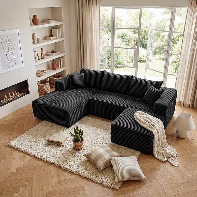 Black Sectional Couch with Ottoman, 92.5" Cloud Modular Couch for Living Room, Modern U-Shaped Sofa, No Assembly Required - Plush Corduroy Fabric & Deep Seat Comfort