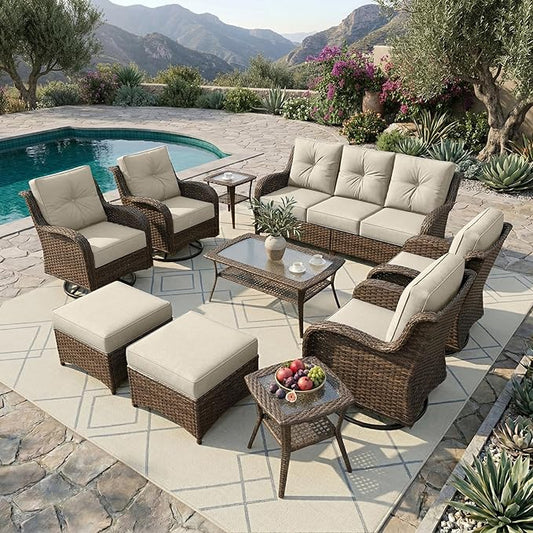 Patio Furniture Set, 10PCS Outdoor Wicker Conversation Set with 6" Thick Cushions, High Back Rattan Sofa & Swivel Rocker Chairs, Weather Resistant Olefin Fabric for Garden, Poolside, Beige