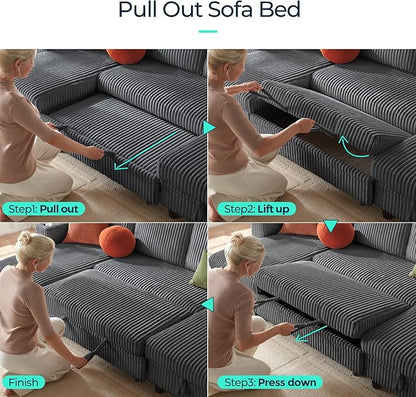 LINSY HOME Sectional Sofa with Pull Out Bed, 4 Seats Corduroy Reversible Sleeper Sofa with Storage Seats, USB Ports, Cup Holders, Side Pocket, U Shape Sectional Couches for Living Room, Gray