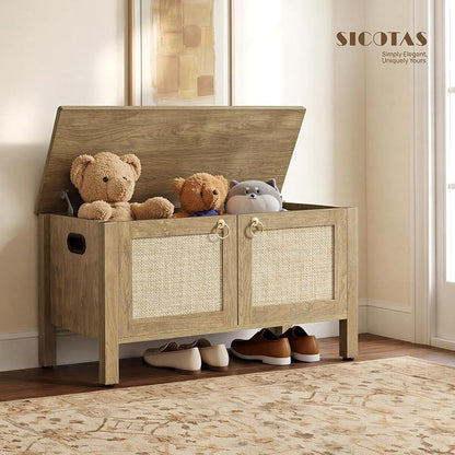 SICOTAS Rattan Storage Bench Boho Storage Chest with 2 Safety Hinges | Wood Storage Truck Box for Bedroom, Living Room, Entryway, Supports 220 lb