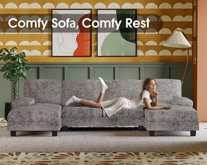 Furmax Sectional Couches for Living Room, U-Shaped Sofa Couch with Linen Fabric, 4 Seat Sofa Set with Double Chaise for Apartment (Chenille, Grey)