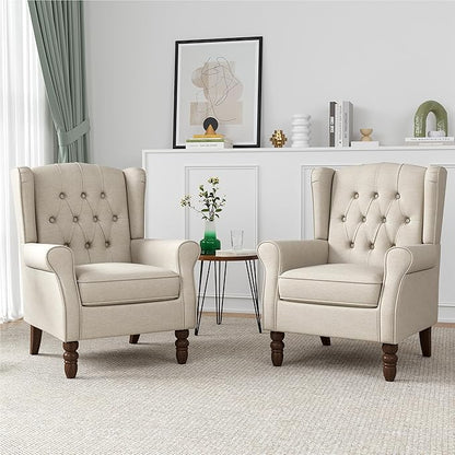 Wingback Accent Chairs Set of 2, High Back Arm Chair for Living Room, Button-Tufted Upholstered Fabric Armchair with Solid Wood Legs, Comfy Single Sofa Reading Chair for Bedroom, Beige