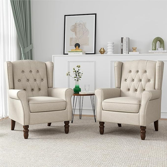 Wingback Accent Chairs Set of 2, High Back Arm Chair for Living Room, Button-Tufted Upholstered Fabric Armchair with Solid Wood Legs, Comfy Single Sofa Reading Chair for Bedroom, Beige
