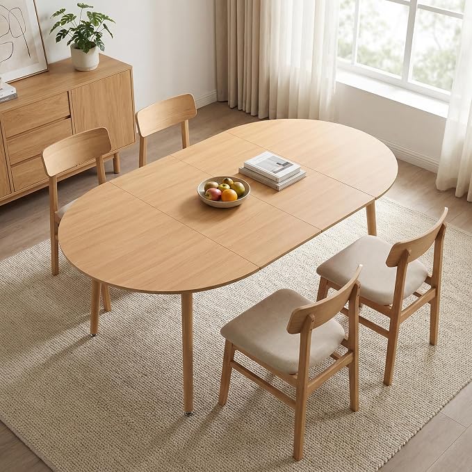 Extendable Round Dining Table for 4 6 Wooden Dining Room Table 39" to 70" Modern Kitchen Table for Dining Room Office Expandable Oval Dinner Table with MDF Top Natural Wood