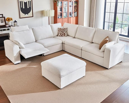 Oversized Modular Sectional Sofa with Power Recliner, Plush Cloud Couch with Headrest, Convertible Deep L-Shaped 6 Seater with Corner and Storage Ottoman, Chenille, White