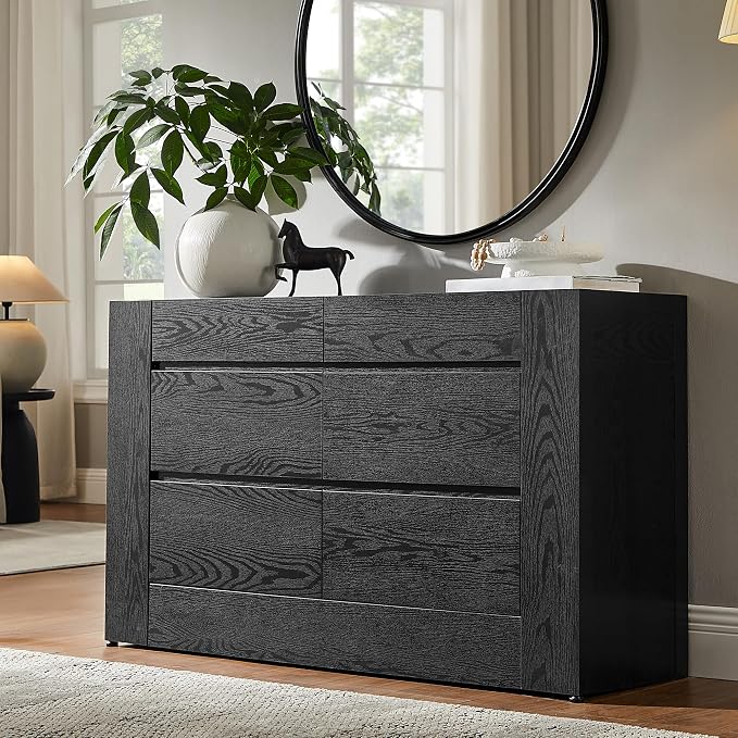OKD 6 Drawer Dresser for Bedroom, 54" Wide Chest of Drawers with Thick Wood Design, Handleless, Modern Bedroom Dresser, Storage Organizer for Living Room/Entryway/Hallway, Black Oak