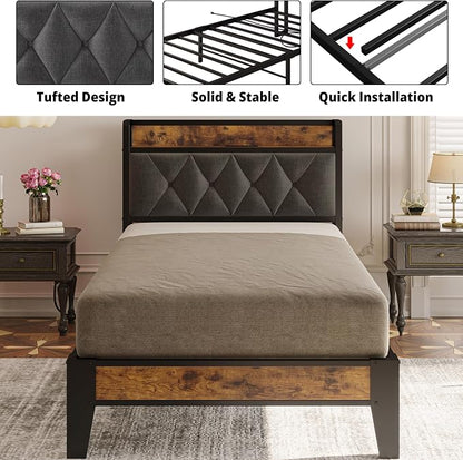 ANCTOR Twin Bed Frame, Upholstered Tufted Headboard, Storage Shelves & Charging Station, No Box Springs Needed, Sturdy, Noise-Free, Modern Vintage Style