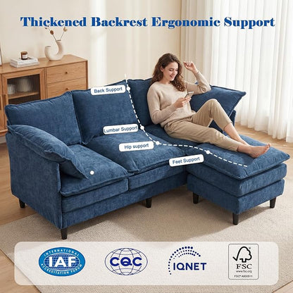 3 Seater L-Shape Couch Sofa with Ottoman, 69" Small Couch Modern Comfy Cloud Chenille Sofa 23" Deep with Washable Pillow Cover Couches for Living Room Bedroom Apartment Office 69-Blue-L