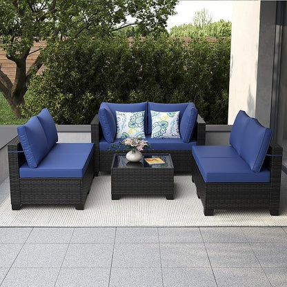 7 Pieces Patio Furniture Set, Outdoor Sectional Rattan Sofa Set, Wicker Patio Conversation Set with Cushions and Glass Coffee Table, for Balcony, Porch, Garden, (Brown/Blue)