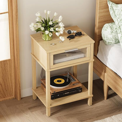 Nightstand Wooden Bedside Table with Drawer Natural Wood Night Stands Modern Style Small End Table Side Table with Storage Shelf for Bedroom Living Room MLBZ10YEV