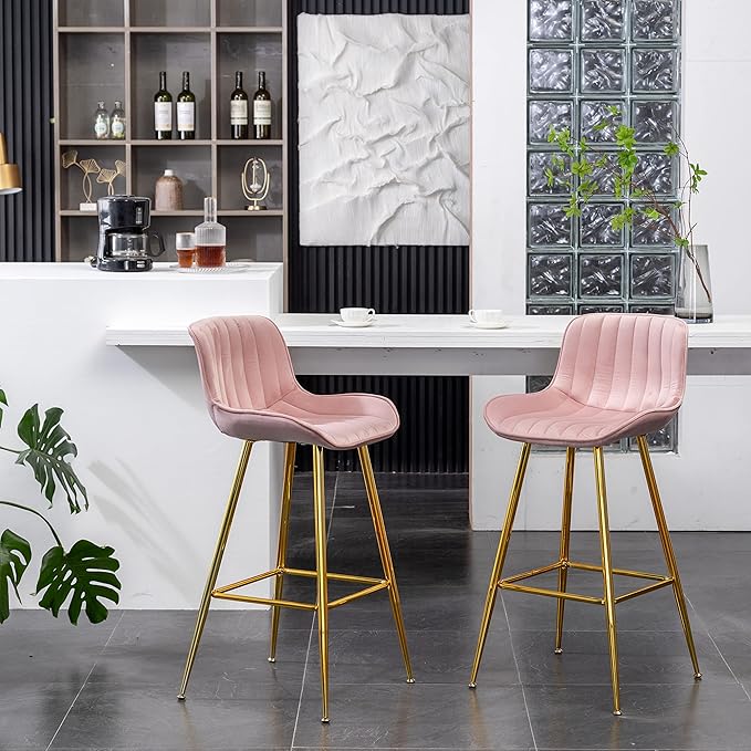 Sidanli 29 Inch Bar Stools Set of 2, Pink Barstools with Back and Gold Plated Legs, Upholstered Barstools for Bar, Living Room, Kitchen Island, Farmhouse