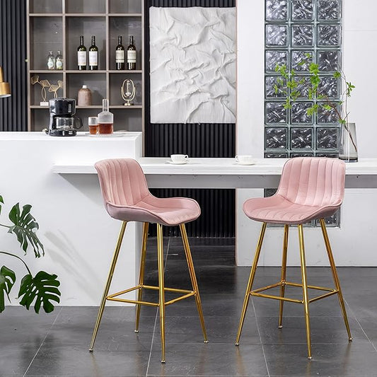 Sidanli 29 Inch Bar Stools Set of 2, Pink Barstools with Back and Gold Plated Legs, Upholstered Barstools for Bar, Living Room, Kitchen Island, Farmhouse