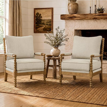 Morden Fort Linen Fabric Spindle Accent Chairs Set of 2, French Style Chairs with High Resilience Spring Cushion and Armrest Pads, Leisure Armchair for Living Room Bedroom Farmhouse Office Balcony