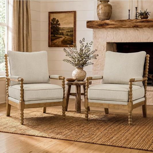 Morden Fort Linen Fabric Spindle Accent Chairs Set of 2, French Style Chairs with High Resilience Spring Cushion and Armrest Pads, Leisure Armchair for Living Room Bedroom Farmhouse Office Balcony