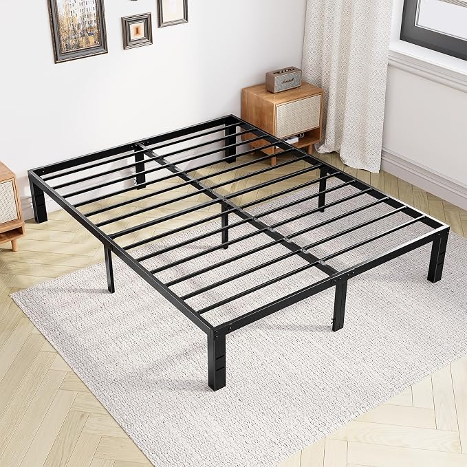 DUMOS Queen Size 14 Inch Bed Frame - Metal Platform Bed Frame Mattress Foundation with Steel Slat Support, No Box Spring Needed, Storage Space Under Base, Easy Assembly, Black