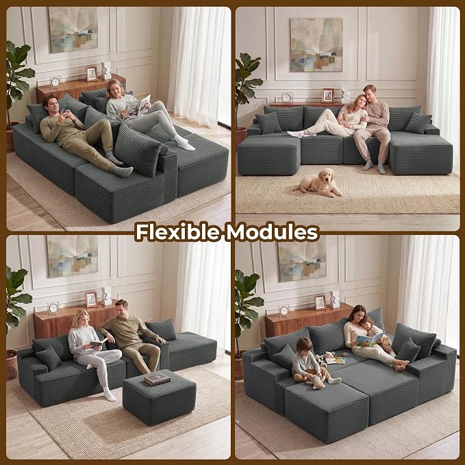 Mangodan 118'' Cloud Sectional Couch, U Shaped Boneless Couches for Living Room, Modular Sectional Sofa with Deep Seat Right Facing Chaise, Comfy Cloud Couch Sofa, Gray