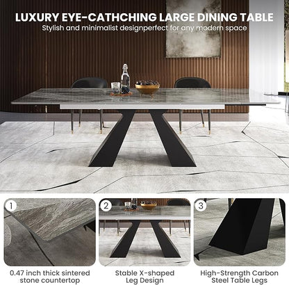 Modern Telescoping Dining Table for 8-10 People, 63-94.5 Inch Retractable Italian Grey Faux Marble Tabletop Thick Carbon Steel Base for Dining Room Kitchen Family Party