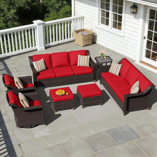 7 Pieces Patio Conversation Furniture Set - 2 Sofas, 2 Ottomans, 2 Swivel Chairs, 1 Side Table, Outdoor Wicker Furniture with Removable Cushions for Porch, Balcony, Sunroom (Red)