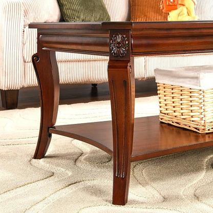 Rectangle Coffee Table for Living Room, Solid Wood Coffee Table with Glass Top, Traditional Distressed Farmhouse Style with Shelf, Solid Hardwood Rustic Center Table for Living Room, Cherry 1168GT