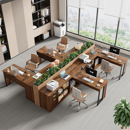 L Shaped Desk with Lift Top & Power Outlets, 63'' x 55'' Executive Computer Desk with 3 Fluted Drawers, Storage Shelves, CPU Stand, Industrial Standing Desk for Office (Schatt Walnut)