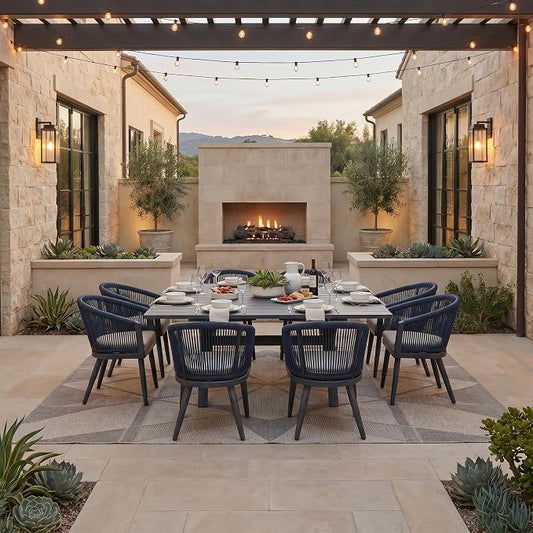 PURPLE LEAF Outdoor Dining Set for 8 All-Weather 9 Piece Patio Aluminium Dining Large Square Table and Rope Weave Chairs Included Cushions for Backyard Decor Kitchen Patio Furniture Set Grey and Navy